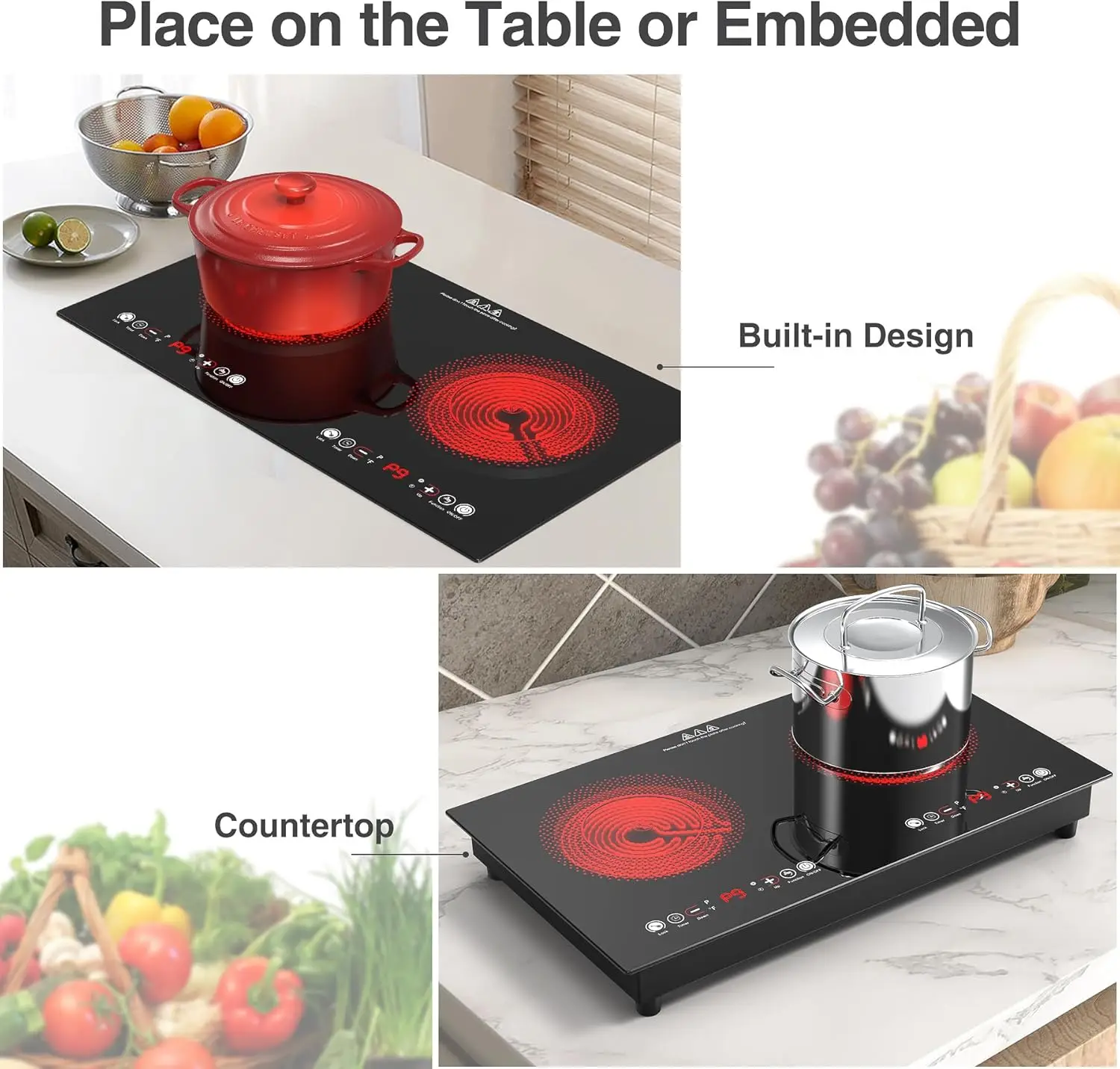 24 inch 2 Burner Electric Cooktop,Built-in and Countertop Electric Stove Top,2200W Electric Stove,9 Power Levels, Kids Lock & Ti