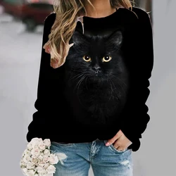 Black cat Sweatshirt Soft and Comfortable Long Sleeve Crew Neck Design for Casual Wear - Perfect for Ladies and Girls Wom