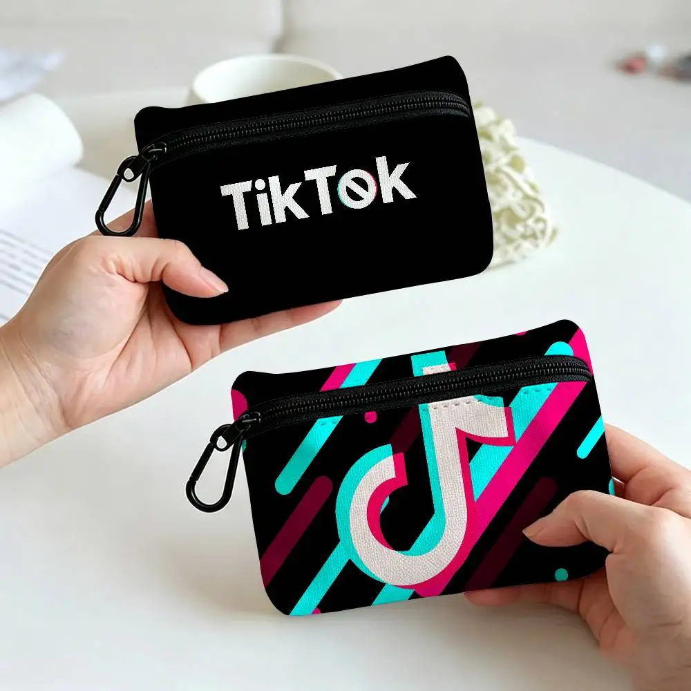 T-TikToks Logo Lightweight Oxford Fabric Coin Purse Carabiner Hook Design Mini Card Key Organizer Bag