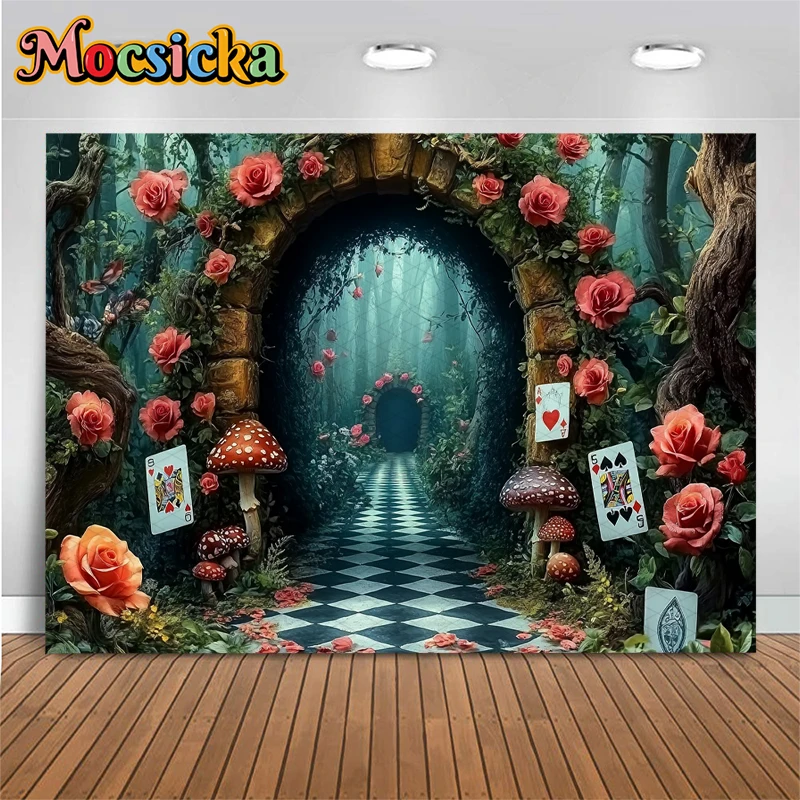 Mocsicka Spring Photo Backdrop Green Forest Path Rose Mushroom Card Picture Decors Easter Natural Scenery Photography Background