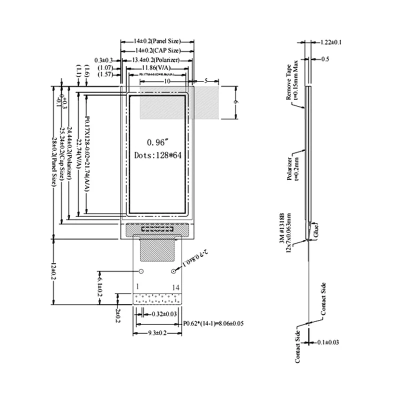 0.96 Inch OLED Display Module 64x128 SSD1312 I2C/IIC Monochrome White 14P Solder Pads Small LCD Screen Module for Arduino DIY