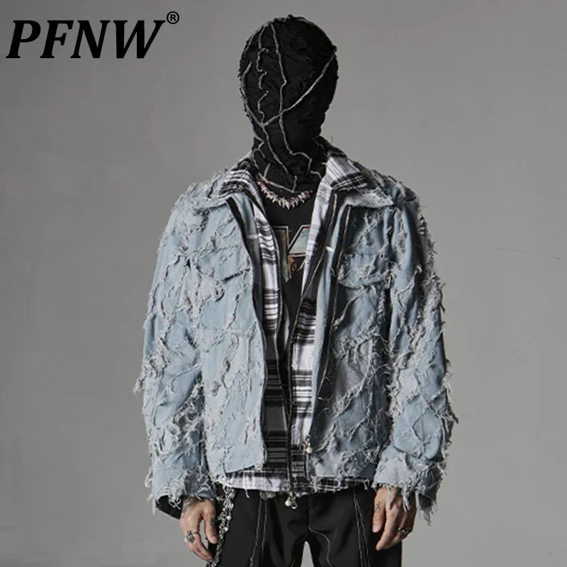 

PFNW Men's Denim Jackets Fake Two-piece Patchwork Worn-out Raw Edge Turn-dwon Collar Loose Male Coats New Menwear Chic 12C779