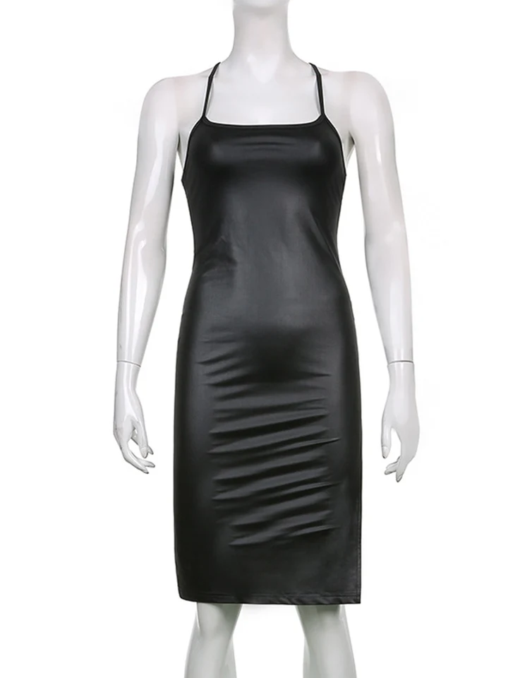 Bandage Backless Pu Leather Dress Sexy Slim Split Party Dress Clubwear  Slash Neck Sleeveless Midi Dresses For Women 2023 - AliExpress 200000345