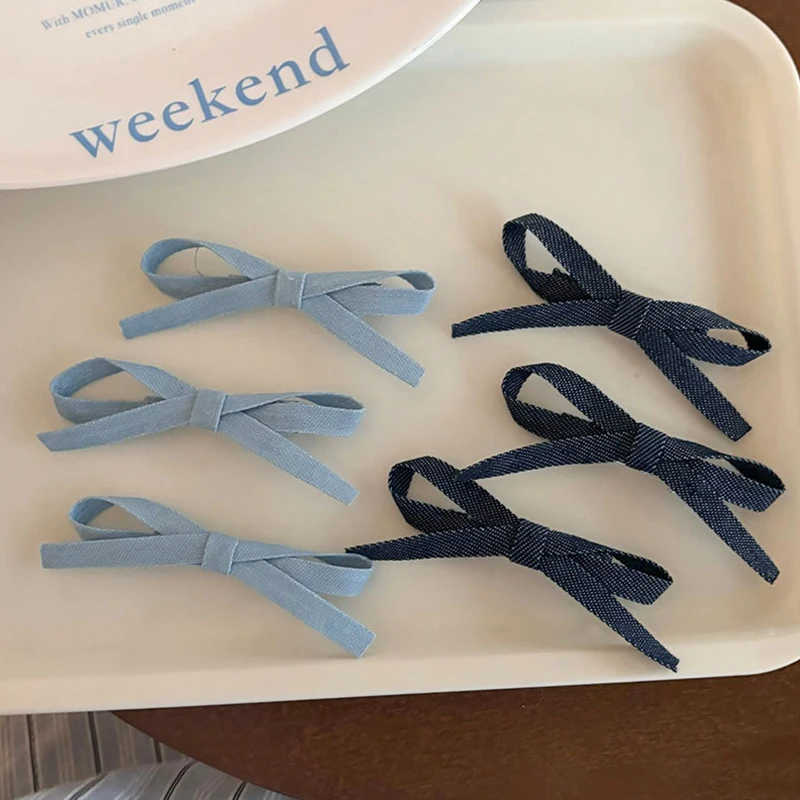 3PCS Duckbill Clip New Fashion Personality Denim Blue Fabric Bow Barrettes Hairclips Side Shredded Hair Bangs Clip