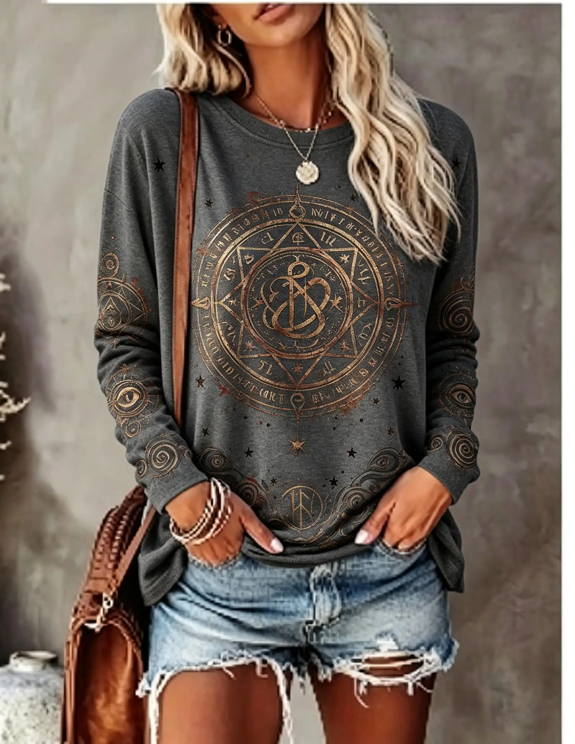 Women Crew Neck Long Sleeve T‑Shirt Mystical Occult Symbol Astrology Vintage Ornate Circle Full‑print Casual Loose Pullover Tops