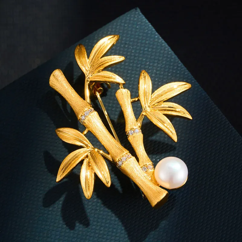 

Golden Bamboo Brooch for Women Fashion Rhinestone Leaves Pearl Brooches Pins Jewelry Trendy Accessories Summer Holiday Gifts