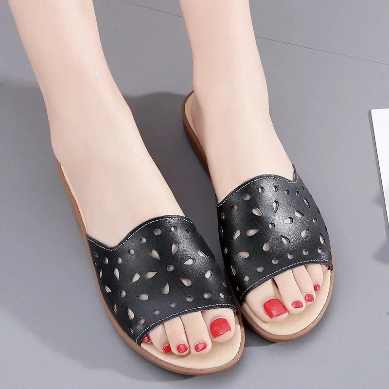 TIMETANGGenuine Leather Flat Slippers for Women Casual Beach Slippers Non-slip Summer Sandals Hollow Out Fashion Soft ShoesWoman