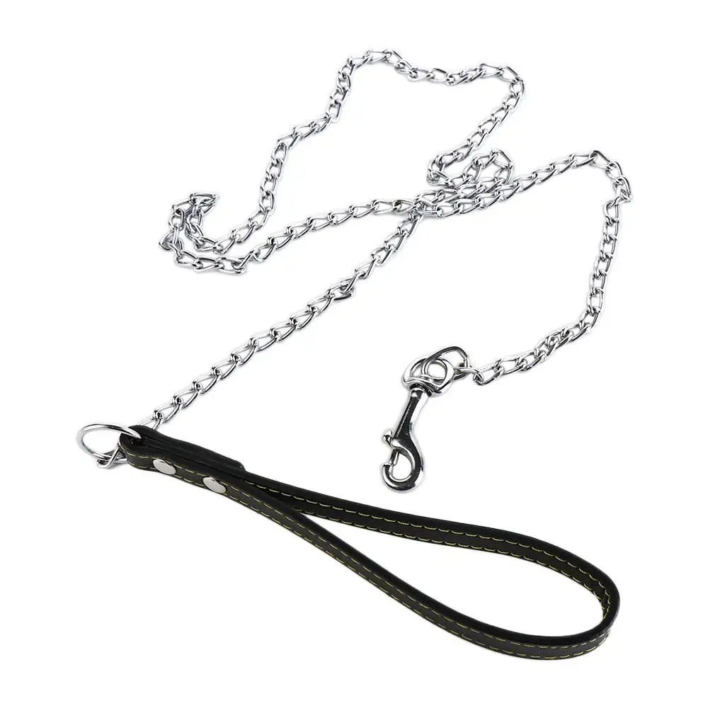 Heavy Duty Metal Chain Dog Lead With Leather Handle Long Strong Control Leash Outdoor Pet Traction Rope Anti Bite Chain Supplies