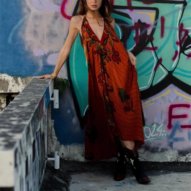 Backless Hollow-Out Holiday Long Dress V-Neck Sleeveless Irregular Hem Floral Print Suspender Style For Women Beach Party Summer
