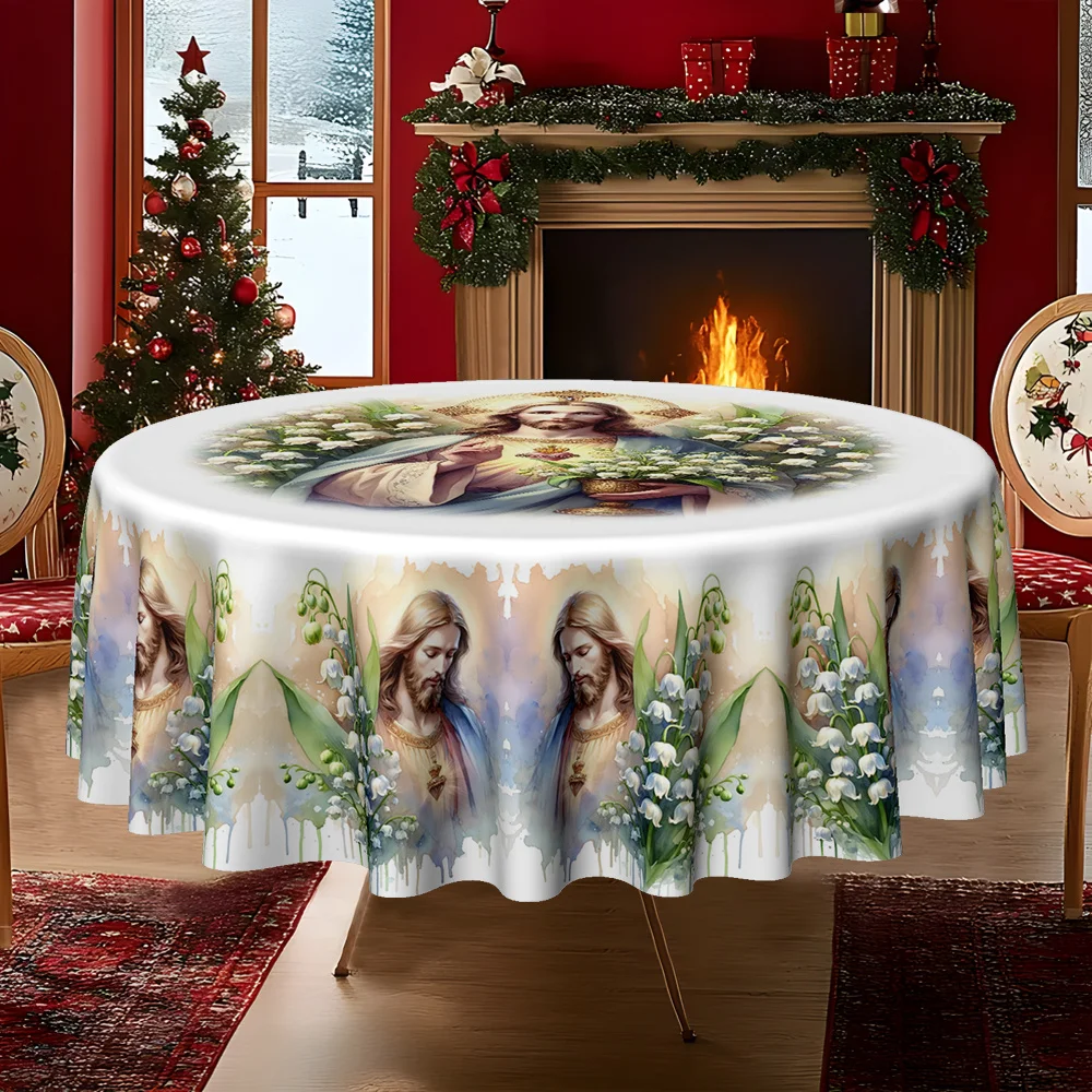 1Pc MerryChristmas Classical Religion Jesus Lily Wreath Print Kitchen Dining Room Round Tablecloth