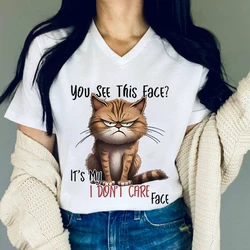Women's Clothing Angry Cat Printed T-shirt IT'S My I DON'T CARE FACE Funny T Shirts V-neck Graphic Shirts and Blouses Cat Lover