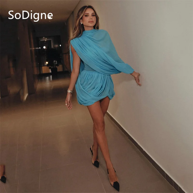 SoDigne Mini Blue Chiffon Prom Dresses Single Shoulder Sleeves High Neck Draped Party Dress Charming Cocktail Gowns Customized