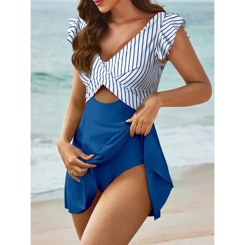 Tankini One-Piece Swimsuit, Flounced Cross Skirt, Beach Split, Hot Spring, New, 24