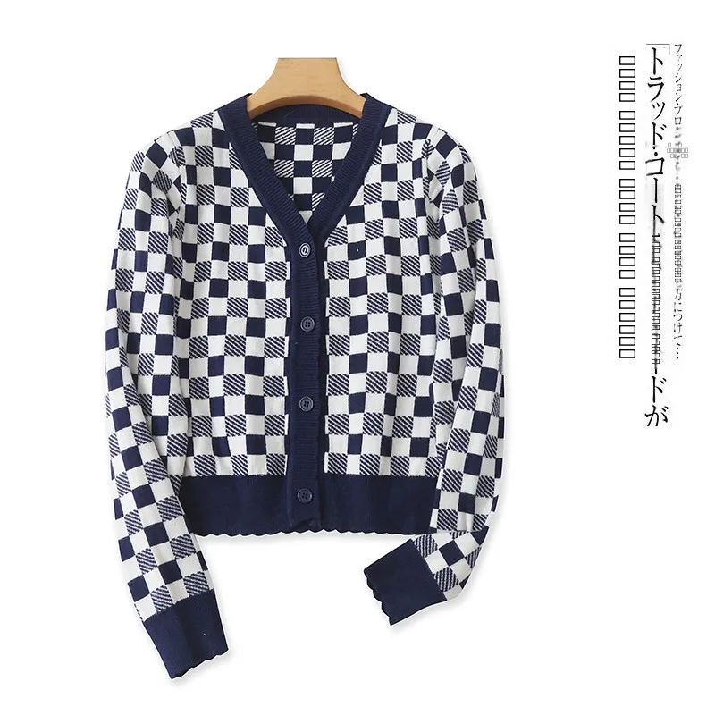 

Faionable ort V-Ne Long Sve клетчатый открытый кардиган, свитер, осенняя новая женская одежда, облегающий крой на одной пуговице