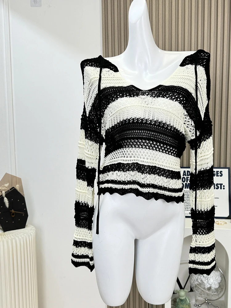 Autumn Winter Woman Vintage Hollow Out Y2k Cardigan Sweater Long Sleeve Striped Knitwears Crochet Top Chic Designer Pullovers