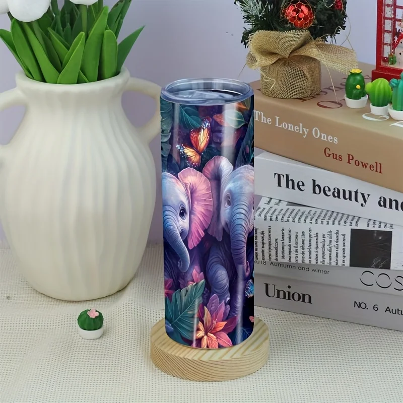 1pc 20oz Straight Cup Cute Little Elephant Colorful Leaf Pattern Portable Fashion Sports Cup Gift for Fitness Experts Athletes Basketball Court Football Court Riding Suitable for Summer and Winter