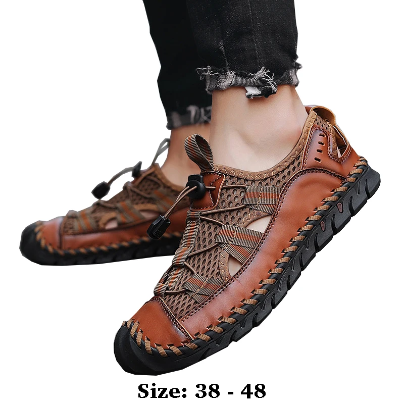 

High quality leather flat sandals for men round toes new summer 2025 size 38 48 casual outdoor walking big size shoe black brown