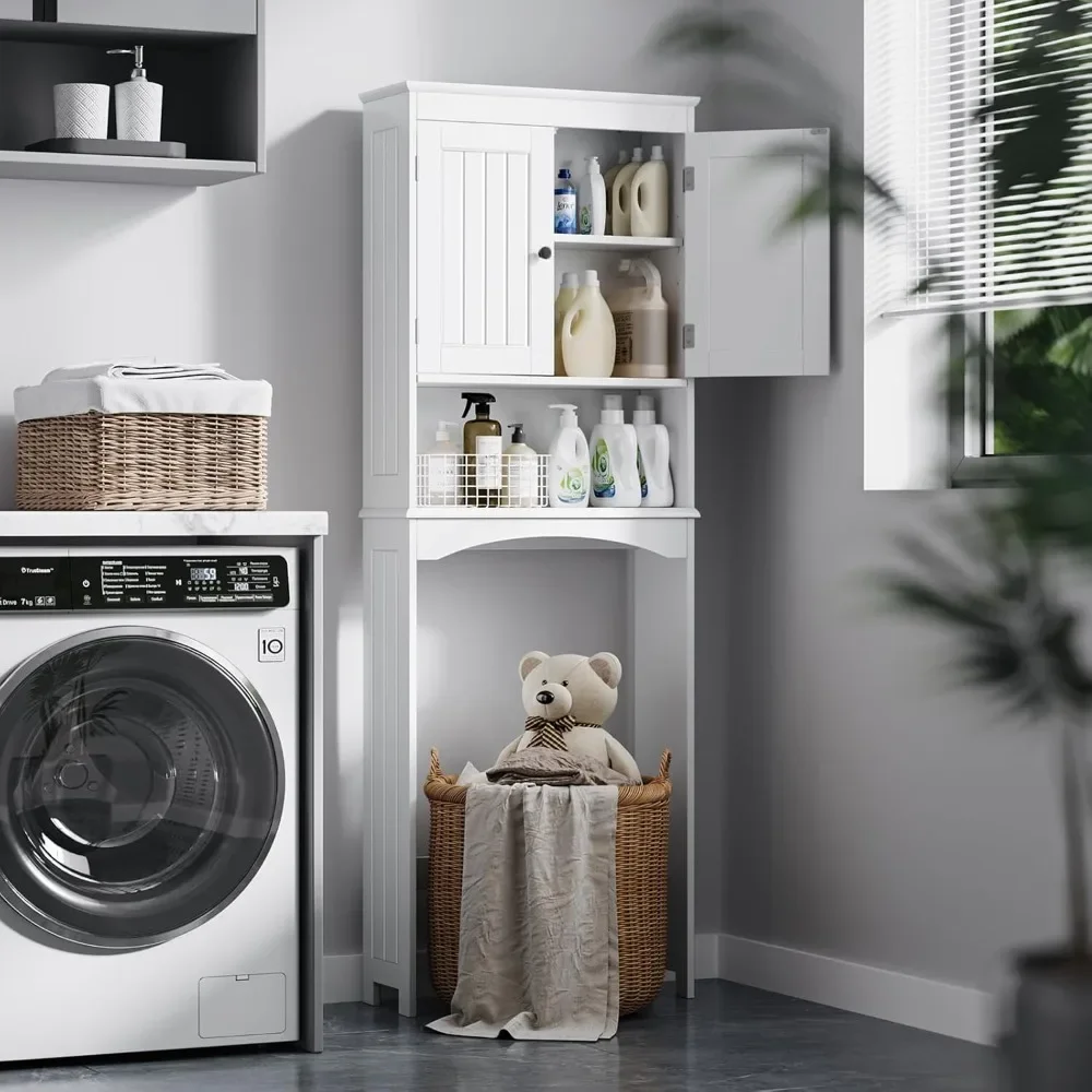 

Over Toilet Storage Cabinet with Open Shelves, Storage Rack, Adjustable Shelves, Double Doors, Over Toilet Storage Rack