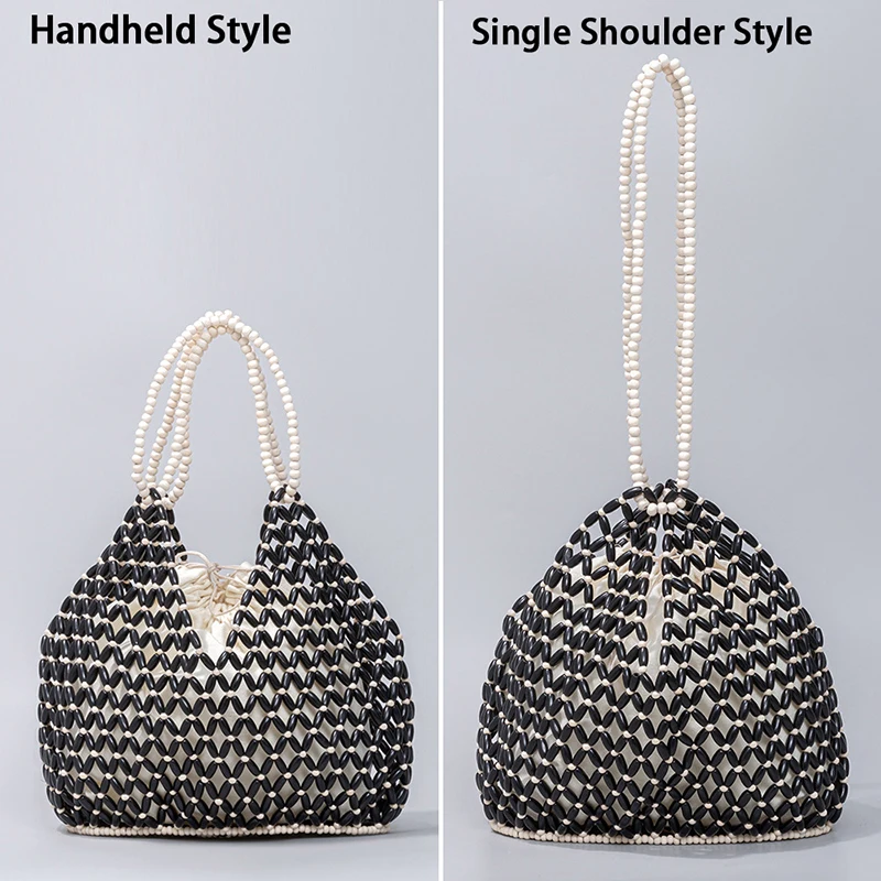 

Регулируемая сумка через плечо на шнурке, повседневная плетеная сумка-ведро с деревянными бусинами, модная женская большая пляжная сумка для отпуска
