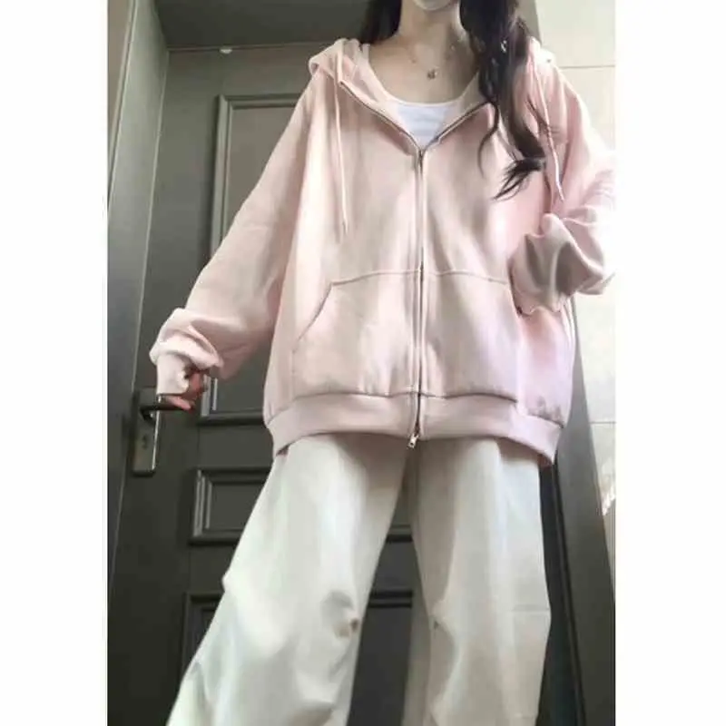 A Light Pink Solid Hooded Sweatshirt for Women in A Loose and Laid-back Style A Thin Zippered Cardigan Top for Spring and Autumn