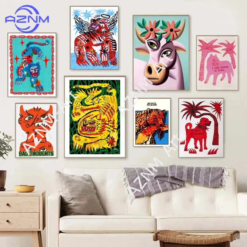 

Винтажные постеры с абстрактными животными, настенные картины в стиле середины века, холщовые картины для гостиной, спальни, домашнего декора, без рамы