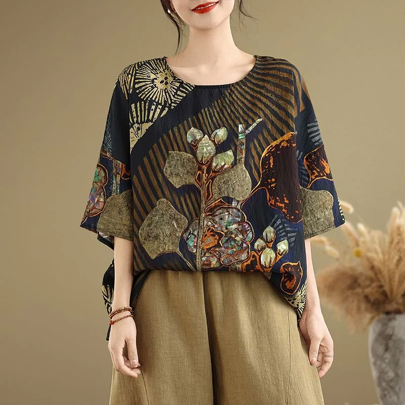 Summer Cotton and Linen Ethnic Style Bat Sleeve Loose Round Neck T-shirt
