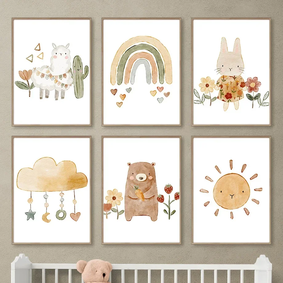 

Boho Cartoon Wall Art Canvas Painting, Bear, Rabbit, Alpaca, Rainbow, Sun, Nordic Prints, Nursery Wall Pictures, Kids Room Decor