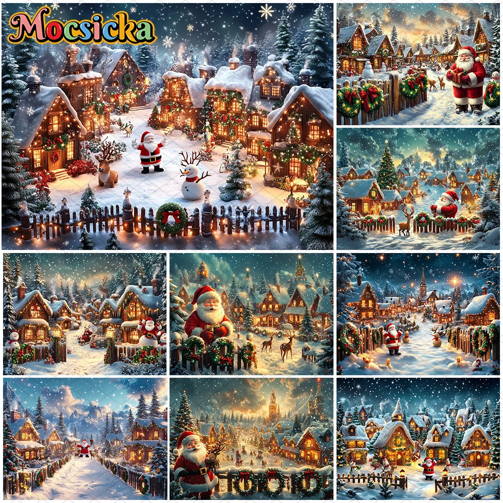 

Mocsicka Christmas Photography Background Xmas Tree Window Snow Deer House Santa Claus Gifts Decorations Children Party Backdrop