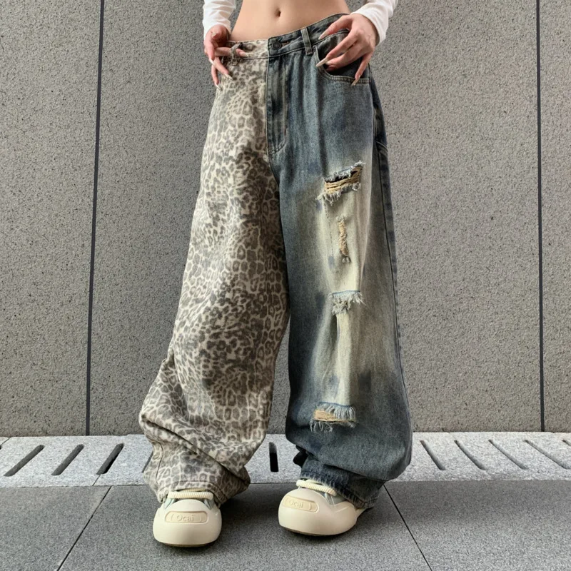 HKSH Spring New Men Punk Patchwork Vibe Washed Vintage Leopard Print Ripped Jeans High Street Slim Wide Leg Denim Pants HK26066