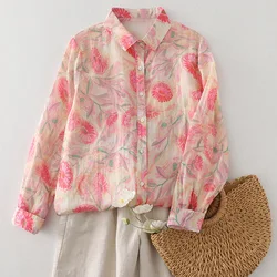 Women Cotton Linen Floral French Artistic Print Shirt Top For Autumn Casual Button Long Sleeve Pink Blouse Korean Style Clothes