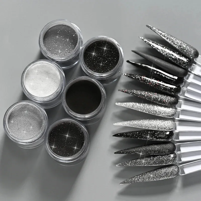 6 قطع لامعة أسود أبيض رمادي بريق الاكريليك مسحوق تراجع مسحوق كاتب كيت الفرنسية مسمار الفن مانيكير صالون لتمديد الأظافر