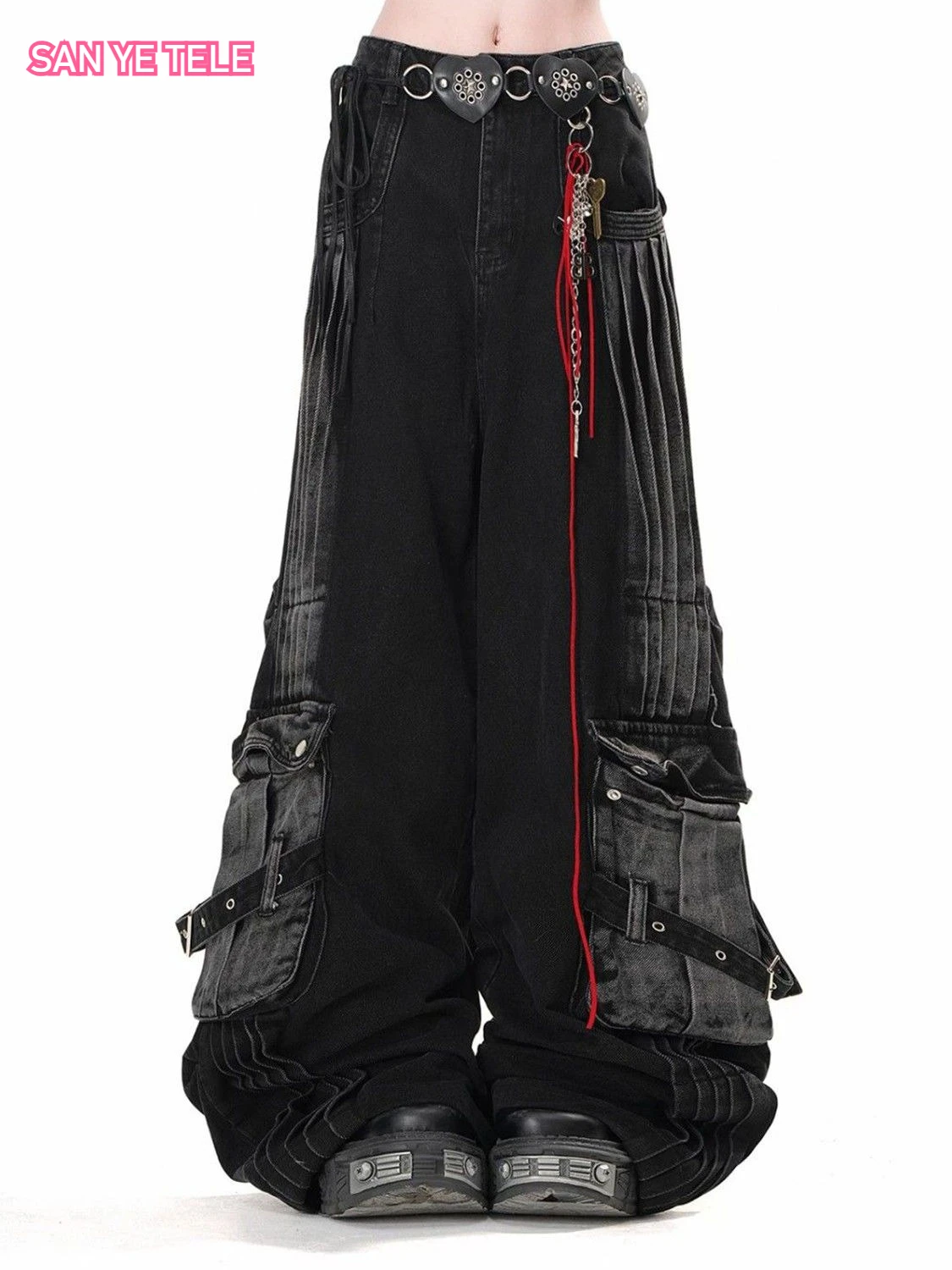 

Американские ретро джинсы-карго с несколькими карманами Y2K, женские черные готические новые свободные широкие брюки с высокой талией, повседневные брюки в стиле панк