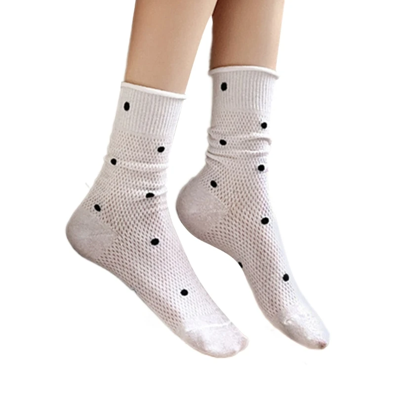 Calcetines algodón calados estéticos para mujer, calcetines con patrón puntos, puños enrollables, calcetines