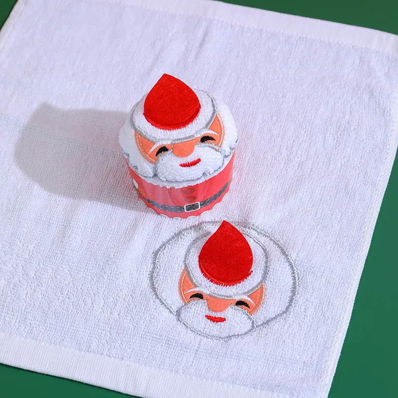 Christmas Towels 35*35cm Cute Cake Shaped Soft Microfiber Santa Claus Snowman Embroidery Hand Towel For Xmas Navidad Decor Gifts