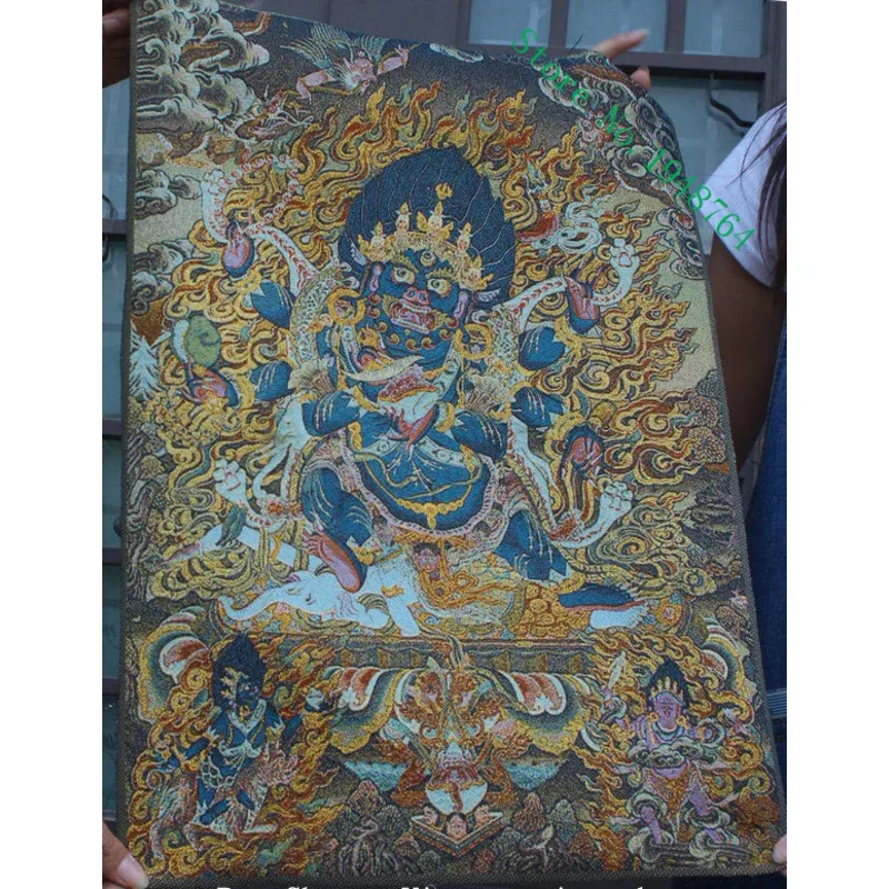 35 inch Tibet silk embroidery 6 arms Mahakala wrathful deity Buddha tangka painting mural