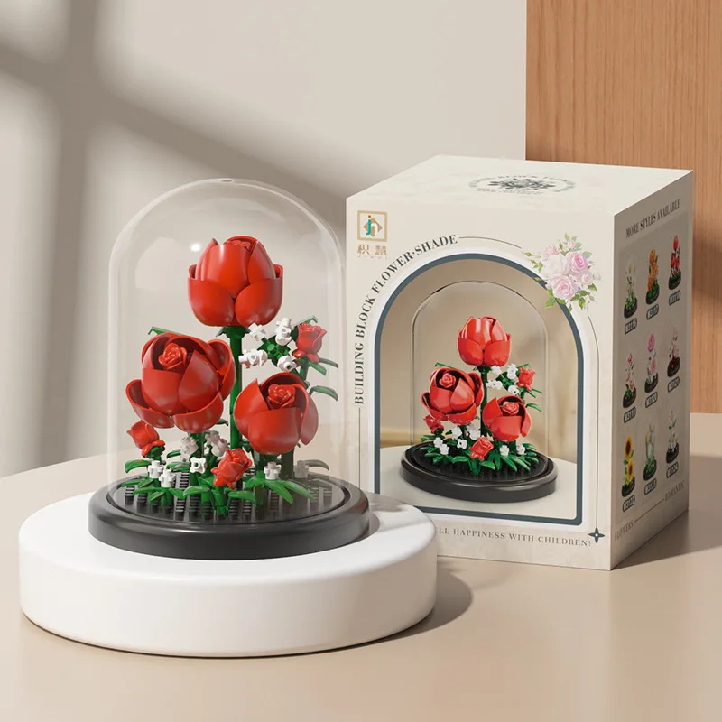

Flower Bouquet Building Blocks Plastic Plant Bonsai with Dust Cover Building Toys Battery Powered Lighted Base Desktop Ornaments