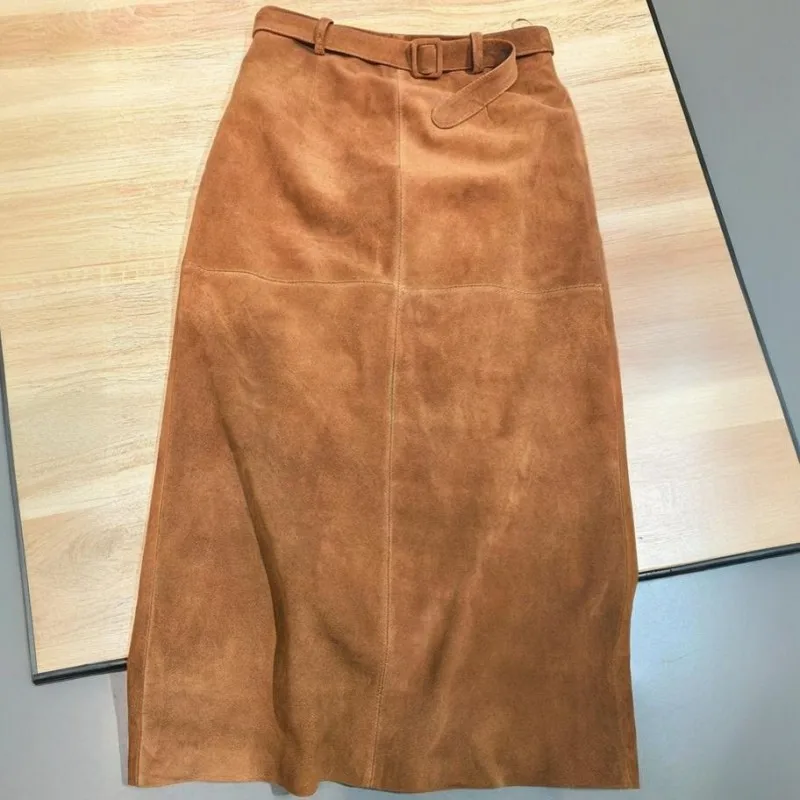Retro Ladies Solid Color Genuine Leather Suede Long Skirts 88cm High Waist Belt Sheepskin Handmade Knee Length Skirt Vintage