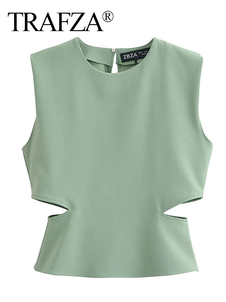 

TRAFZA 2024 Women Summer Fashion Solid Round Neck Crepe Top With Open Waist Female Green Casual Top Female Chic Street Blouse