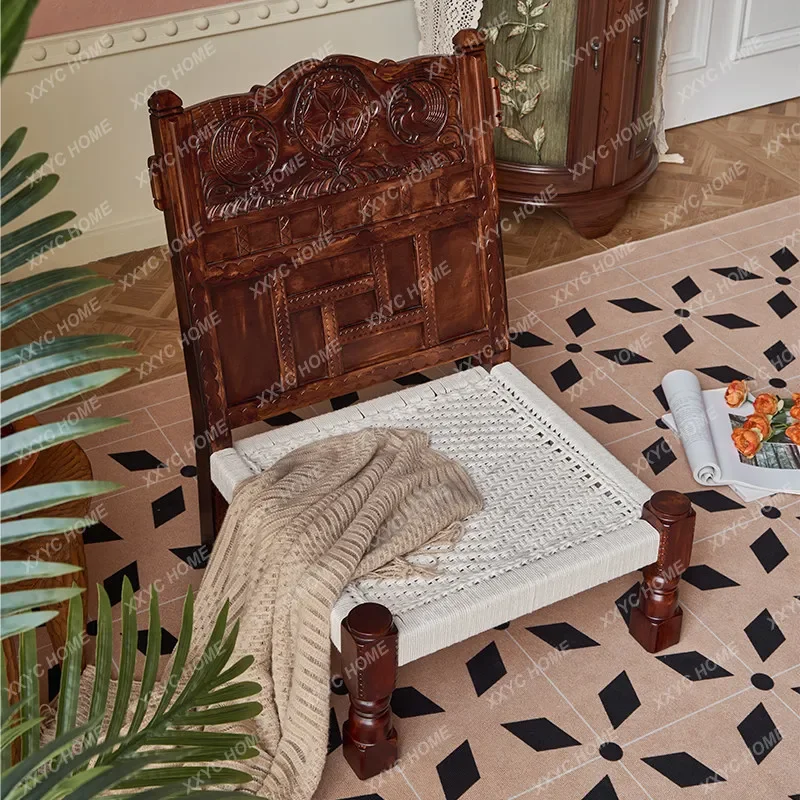 TTHigh backrest solid wood carving flower weaving handmade retro rope chair