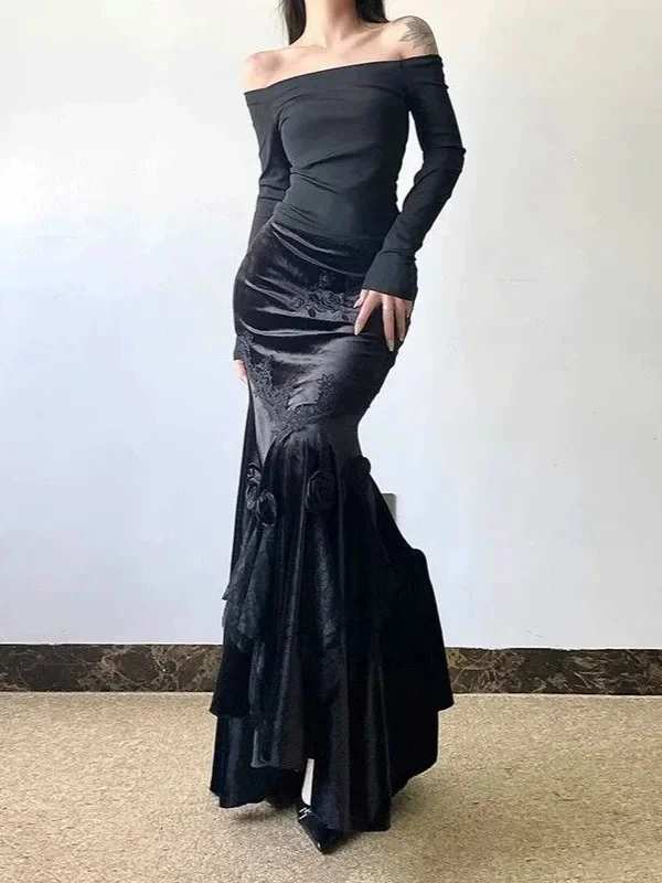 French Velvet Stitching Skirt Retro Joker Skirt Female New Spring and Autumn New Fashion Black Lace Gothic Fishtail Dress.