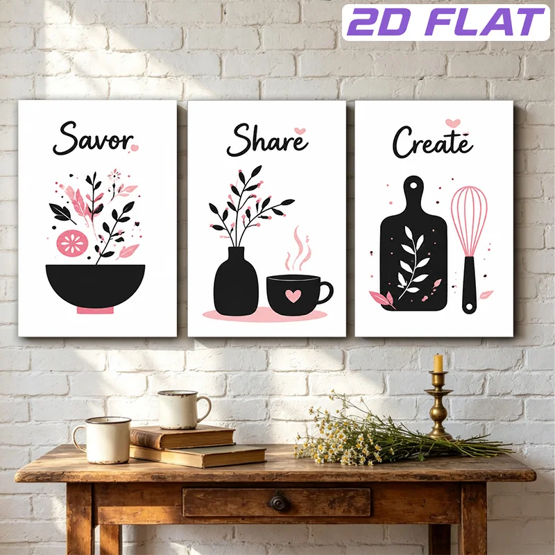 2D Flat, 2D Flat, 2D Flat 3pcs Unframed Canvas Painting Wall Art Savor Share Create Happy Cooking Moments with Floral Utensil