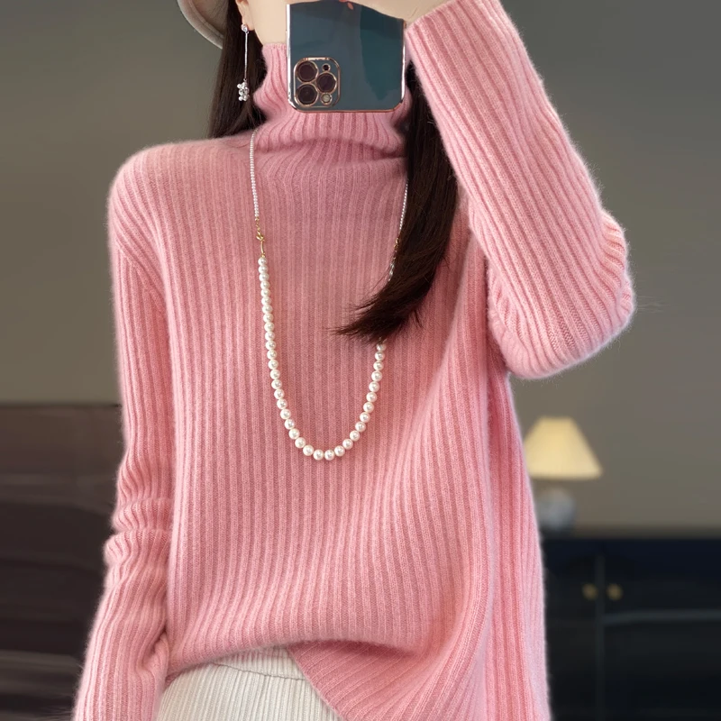 woman Pit strip design High neck top 100% Merino wool Large loose long sleeved sweater clothing New autumn and winter