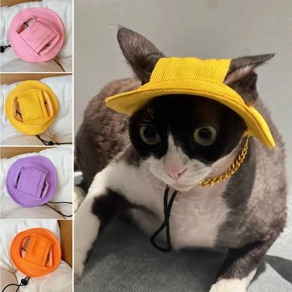 Casual Cotton Pet Sunshade Cap Solid Color Breathable Pet Fisherman Hat Sun Protection Adjustable Dog Cat Bucket Hat Devon Rex