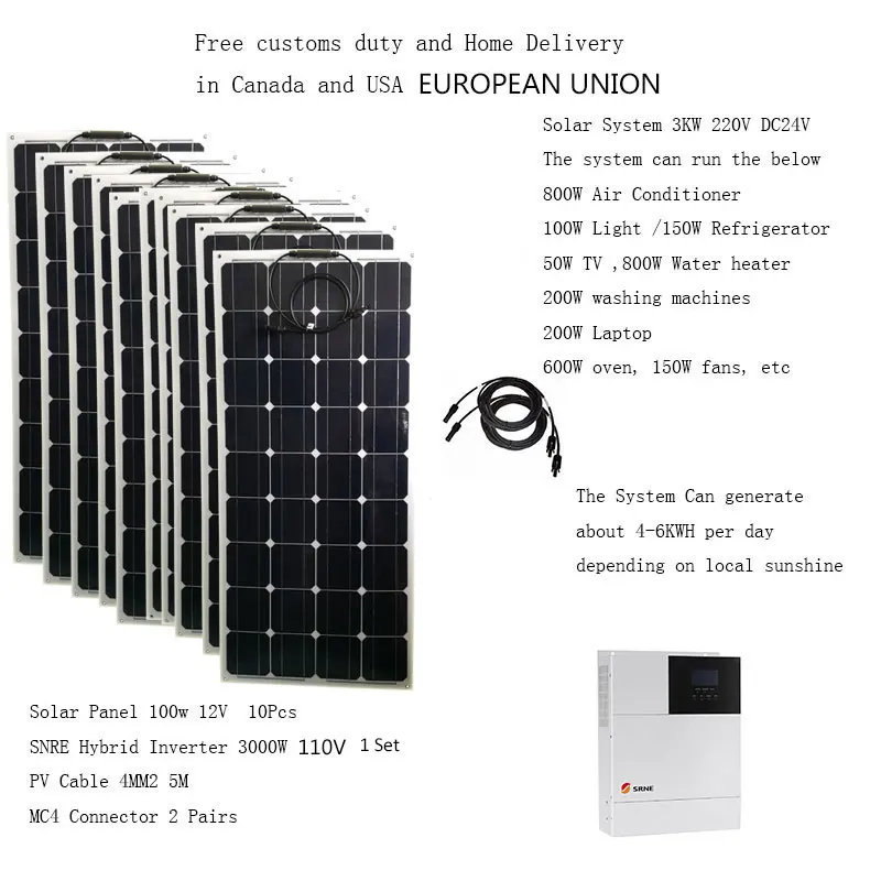 System solarny kompletny 3000W 220V 110V akumulator ładowarka Panel słoneczny 1000W hybrydowy falownik System wyłączony z sieci przyczepa samochód