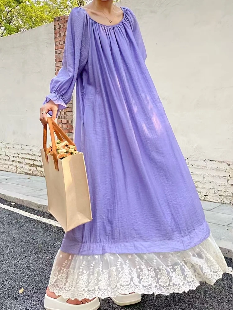 

Французское длинное платье с открытыми плечами для женщин, кружевное, с вырезом-лодочкой, свободное, оверсайз, с длинными рукавами, весна-лето, длинный халат