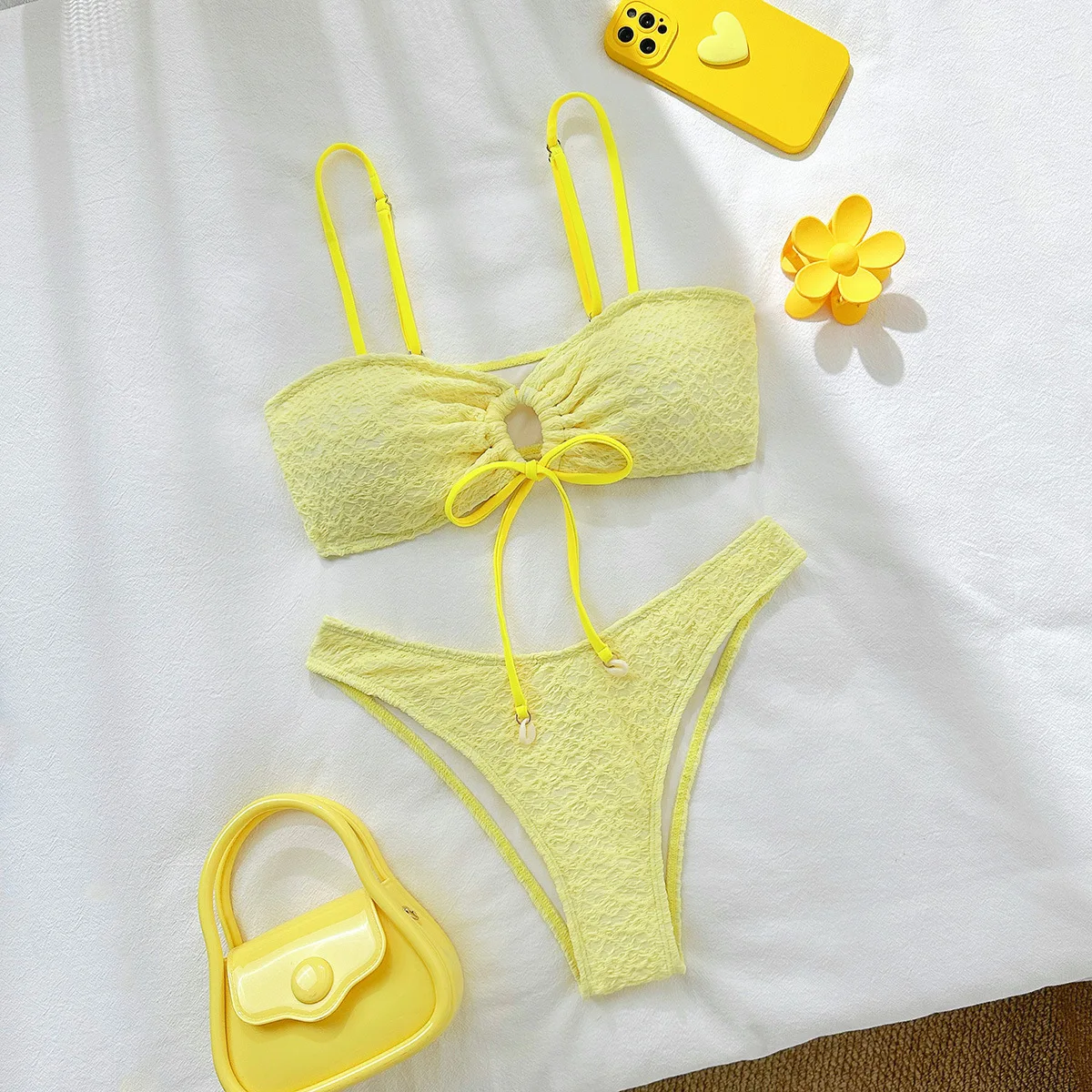 

sexy yellow tie hollow out bandeau bikinis sets two pieces thong swimsuits beachwear bathing suit swimwear biquini trikini