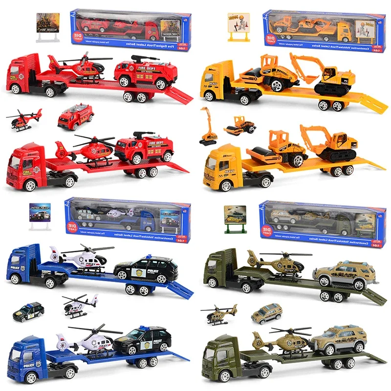 1/64 Esaierr Kids Car Toys Baby Police Trucks Toy Playset Included Flatbed Trailer Helicopter & Suv Birthday Toddler Gift For