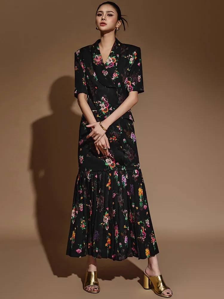 

Spring Summer 2026 Slim Fit Floral Hem Pleated Suit Collar Double Button ort Sve Dr High Waist H Version Commute Sle