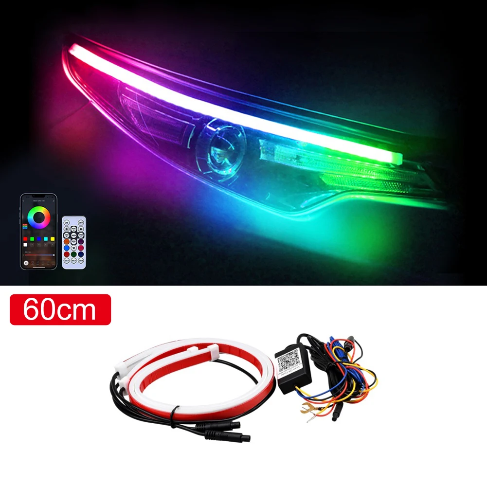 Waterproof 2Pcs Car LED Neon Light DRL RGB Daytime Running Light APP&Remote Control Taillight Strip Colorful Flowing Turn Signal