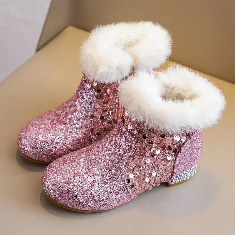 Girls Sequin Princess Ankle Boots, Winter Fleece Lined Dress Boots Fluffy Fur Trim Rhinestone Low Heel, Side Zipper Party Pink